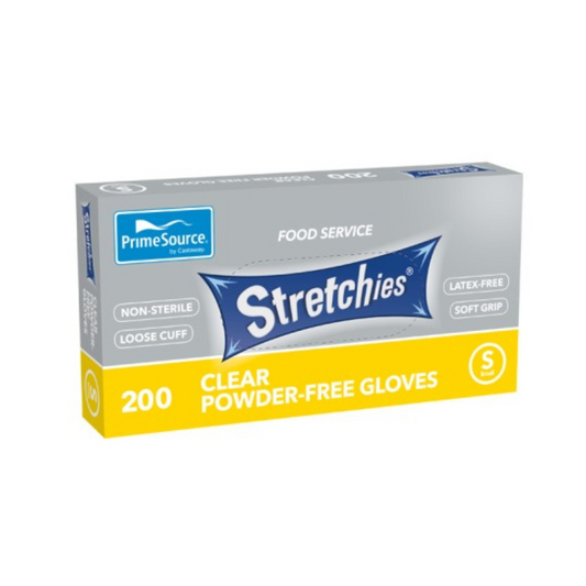 Box of Stretchies clear powder-free gloves on a white background