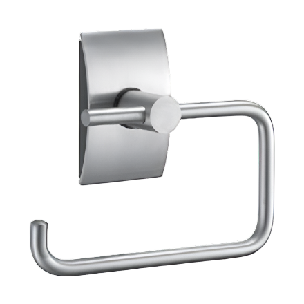 Stainless steel toilet paper holder on a white background