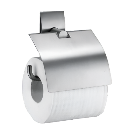 Stainless steel toilet paper holder with a roll of toilet paper on a white background