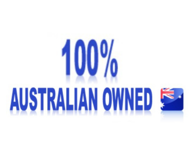 Text '100% Australian Owned' with a flag icon on a white background